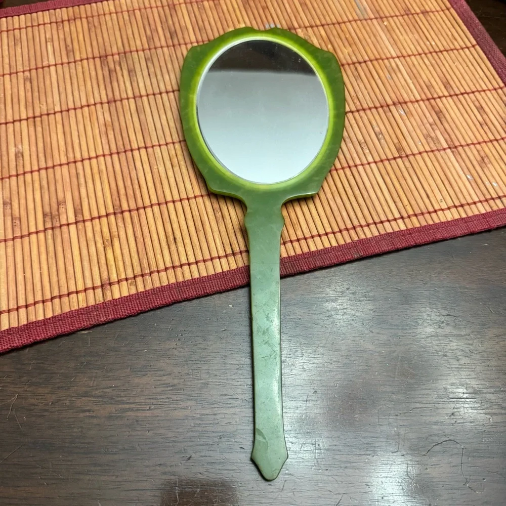 Bakelite Celluloid Green Art Deco Vanity Handheld Mirror Vintage Fancy 1920’s